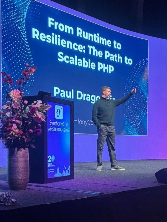 Paul Dragoonis presenting “From Runtime to Resilience: The Path to Scalable PHP” at SymfonyCon Amsterdam 2025
